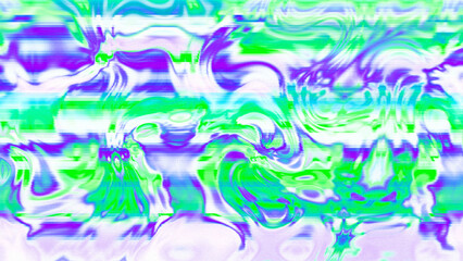 Abstract psychedelic glitch waves with neon colors, distorted digital fluid texture and VHS scanline effect