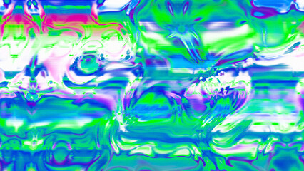 Abstract psychedelic glitch waves with neon colors, distorted digital fluid texture and VHS scanline effect
