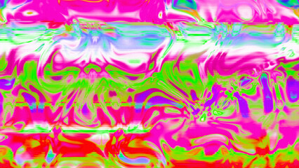 Abstract psychedelic glitch waves with neon colors, distorted digital fluid texture and VHS scanline effect
