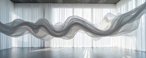 Abstract gray fabric waves float indoors. Light filters through sheer white curtains, creating gentle shadows on the floor. Minimalist art installation in a spacious modern room.