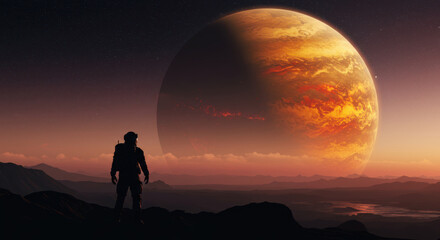 Obraz premium Astronaut Gazing at Exoplanet Horizon Landscape Science Fiction Concept Art