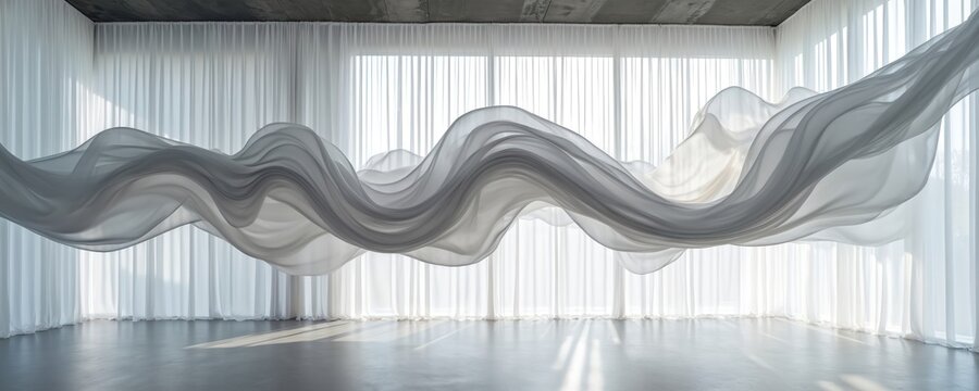 Abstract gray fabric waves float indoors. Light filters through sheer white curtains, creating gentle shadows on the floor. Minimalist art installation in a spacious modern room.