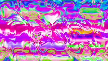 Abstract psychedelic glitch waves with neon colors, distorted digital fluid texture and VHS scanline effect