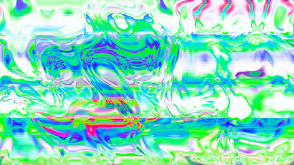 Abstract psychedelic glitch waves with neon colors, distorted digital fluid texture and VHS scanline effect