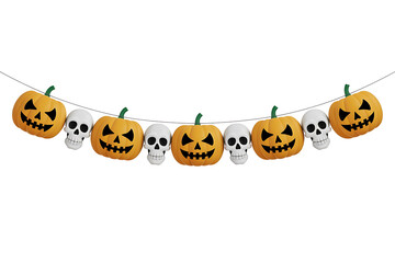Orange pumpkins with spooky skull faces decorate a festive garland, celebrating Halloween spirit.