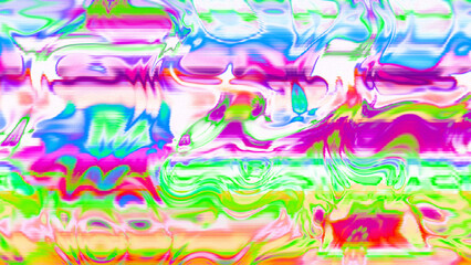Abstract psychedelic glitch waves with neon colors, distorted digital fluid texture and VHS scanline effect