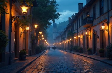 Obraz premium Old European town street glows at night. Warm lamps illuminate cobblestone road, historic buildings stand tall. Two people walk in mist towards distant tower. Quiet night scene in old city