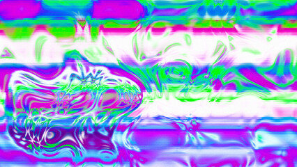 Abstract psychedelic glitch waves with neon colors, distorted digital fluid texture and VHS scanline effect