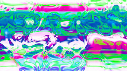 Abstract psychedelic glitch waves with neon colors, distorted digital fluid texture and VHS scanline effect