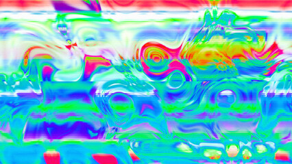 Abstract psychedelic glitch waves with neon colors, distorted digital fluid texture and VHS scanline effect