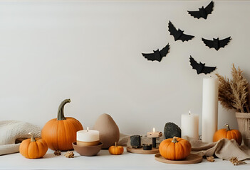 Minimalist Halloween Decoration with Pumpkins, Candles, and Paper Bats on Wall