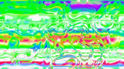 Abstract psychedelic glitch waves with neon colors, distorted digital fluid texture and VHS scanline effect