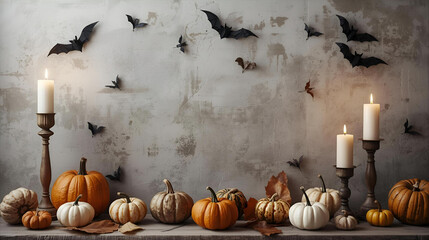 Minimalist Halloween Decoration with Pumpkins, Candles, and Paper Bats on Wall