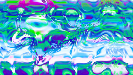 Abstract psychedelic glitch waves with neon colors, distorted digital fluid texture and VHS scanline effect