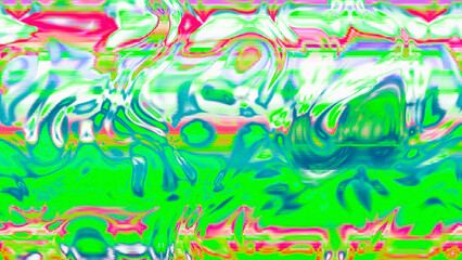 Abstract psychedelic glitch waves with neon colors, distorted digital fluid texture and VHS scanline effect