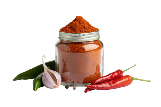 A glass jar filled with red chili powder, accompanied by fresh red chilies, a green chili, and garlic. background removed - Powered by Adobe