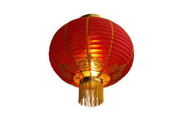 Obraz premium Illuminated red Chinese lantern with gold detailing, hanging against a transparent background. background removed