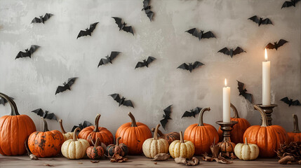 Minimalist Halloween Decoration with Pumpkins, Candles, and Paper Bats on Wall