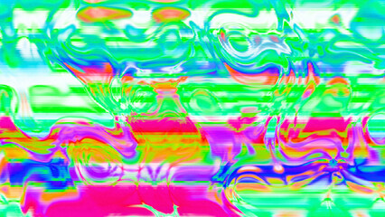 Abstract psychedelic glitch waves with neon colors, distorted digital fluid texture and VHS scanline effect