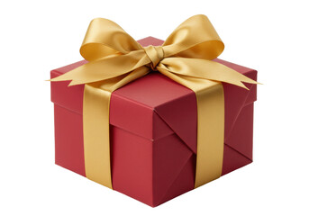 Red gift box with golden ribbon and bow isolated, present for Christmas or birthday celebration on a clean background