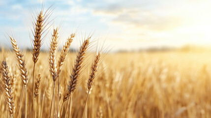 Naklejka premium Golden wheat field swaying gently in warm breeze under bright sky