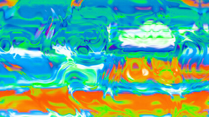 Abstract psychedelic glitch waves with neon colors, distorted digital fluid texture and VHS scanline effect