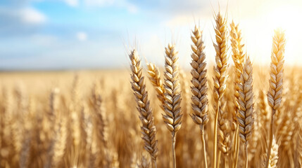 Fototapeta premium Golden wheat ears sway gently in sunlight, creating serene and organic atmosphere