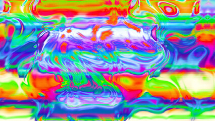 Abstract psychedelic glitch waves with neon colors, distorted digital fluid texture and VHS scanline effect