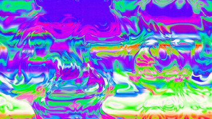 Abstract psychedelic glitch waves with neon colors, distorted digital fluid texture and VHS scanline effect