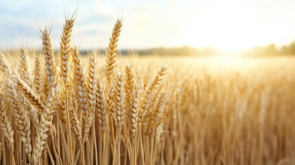 Fototapeta premium Golden wheat heads sway gently in sunlight, creating serene and peaceful atmosphere