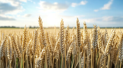 Fototapeta premium Golden wheat heads sway gently in sunlight, creating serene landscape