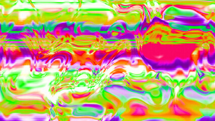 Abstract psychedelic glitch waves with neon colors, distorted digital fluid texture and VHS scanline effect