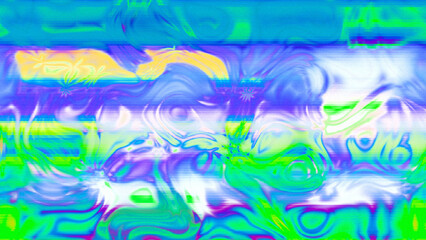 Abstract psychedelic glitch waves with neon colors, distorted digital fluid texture and VHS scanline effect