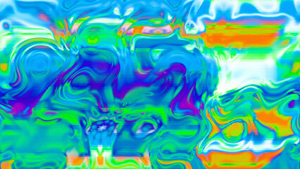 Abstract psychedelic glitch waves with neon colors, distorted digital fluid texture and VHS scanline effect