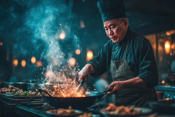 An experienced Asian chef expertly stir-frying in a fiery wok with sparks.