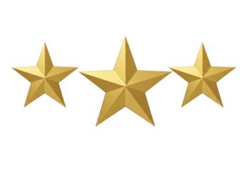 Three golden stars isolated PNG on transparent background, shiny award elements for graphic design and decoration use