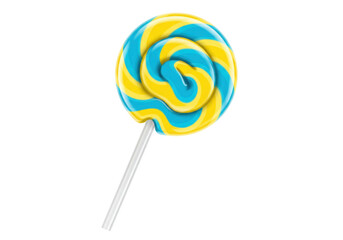 Swirled lollipop PNG isolated on transparent background, blue and yellow candy on a stick for sweet treats and confectionery designs