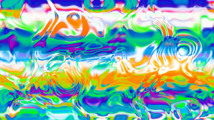 Abstract psychedelic glitch waves with neon colors, distorted digital fluid texture and VHS scanline effect