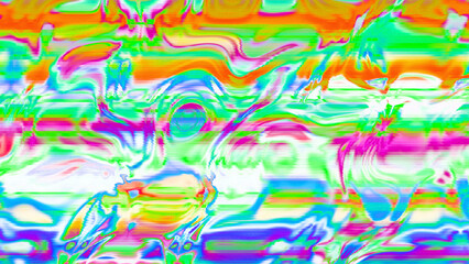 Abstract psychedelic glitch waves with neon colors, distorted digital fluid texture and VHS scanline effect