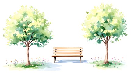 Obraz premium Watercolor Park Scene Elements — Wooden Bench, Tree Pair, Tiny Flowers, Soft Shadows
