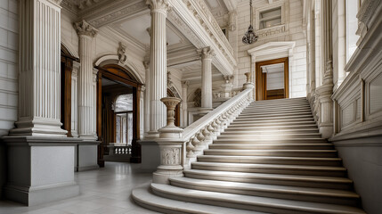 Obraz premium neoclassical. Grand neoclassical architecture with detailed pillars and staircase, embodying timeless elegance and design. real-estate listings.