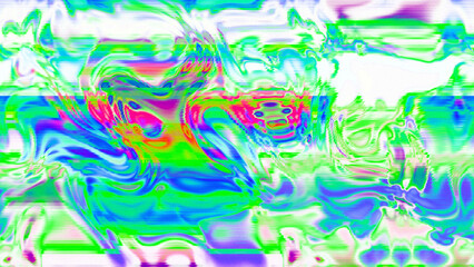 Abstract psychedelic glitch waves with neon colors, distorted digital fluid texture and VHS scanline effect