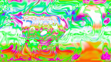 Abstract psychedelic glitch waves with neon colors, distorted digital fluid texture and VHS scanline effect