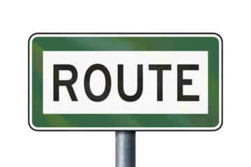 A green road sign with the word ROUTE in bold black letters on a white background. background removed