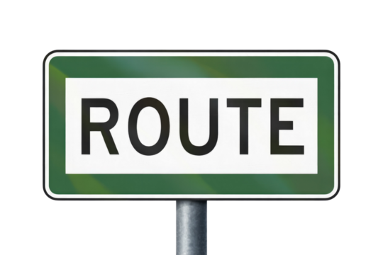 A green road sign with the word ROUTE in bold black letters on a white background. background removed