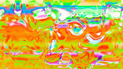 Abstract psychedelic glitch waves with neon colors, distorted digital fluid texture and VHS scanline effect