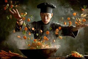 Expert chef preparing a fresh vegetable stir-fry with dynamic action and steam.