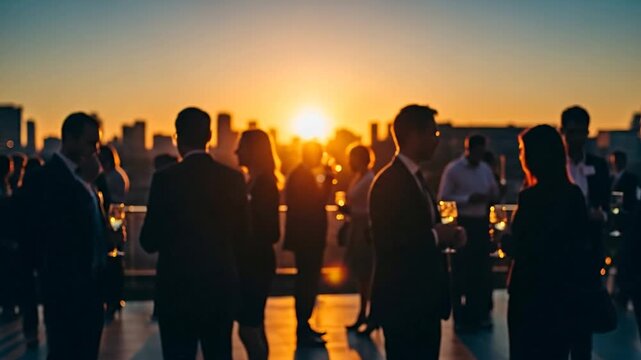Blurred professionals connect at vibrant sunset networking event, fostering business growth