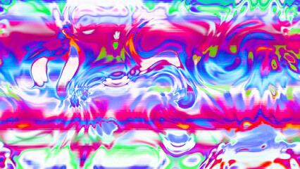 Abstract psychedelic glitch waves with neon colors, distorted digital fluid texture and VHS scanline effect