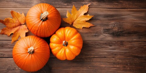 Three vibrant pumpkins surrounded by autumn leaves on a rustic wooden surface, showcasing the beauty of fall harvest.